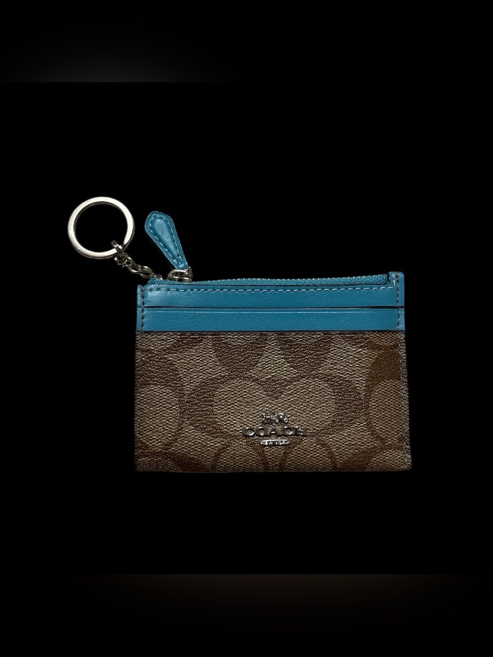 Coach Brown Signature Canvas Card Case with Teal Trim and Key Ring